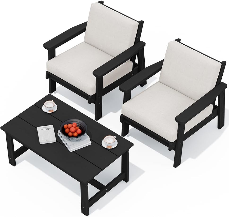 SERWALL HDPE Outdoor Couch, Black Frame and Khaki Cushion