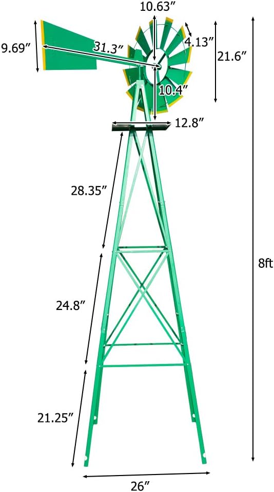 VINGLI 8FT Ornamental Windmill Backyard Garden Decoration Weather Vane, Heavy Duty Metal Wind Mill w/ 4 Legs Design (Green, 8, Feet, 21.6, Inches, 8.00, Feet, 25.98, Inches, 25.98, Inches)