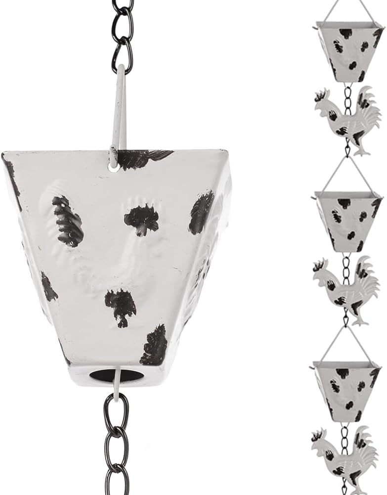 7.8FT Rain Chain for Outside, Rain Chain with 10 Rooster Cups Adjustable Rain Chains for Gutters, Eaves, Drainage, Replacement for Downpout