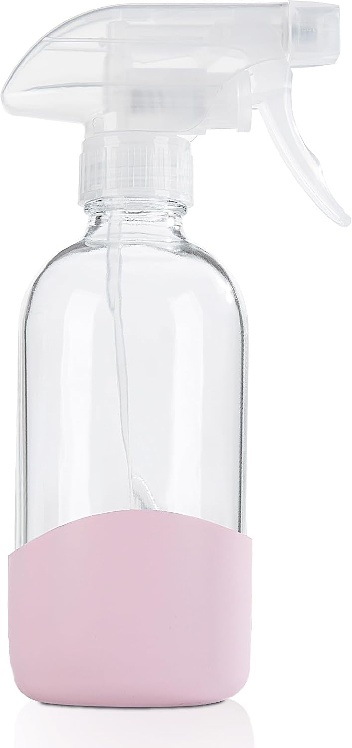 HOMBYS 8 Oz Empty Clear Glass Spray Bottles with Silicone Sleeve Protection Refillable Containers for Cleaning Solutions, Essential Oils, Misting Plants - Quality Sprayer - 1 Pack Boston Bottles