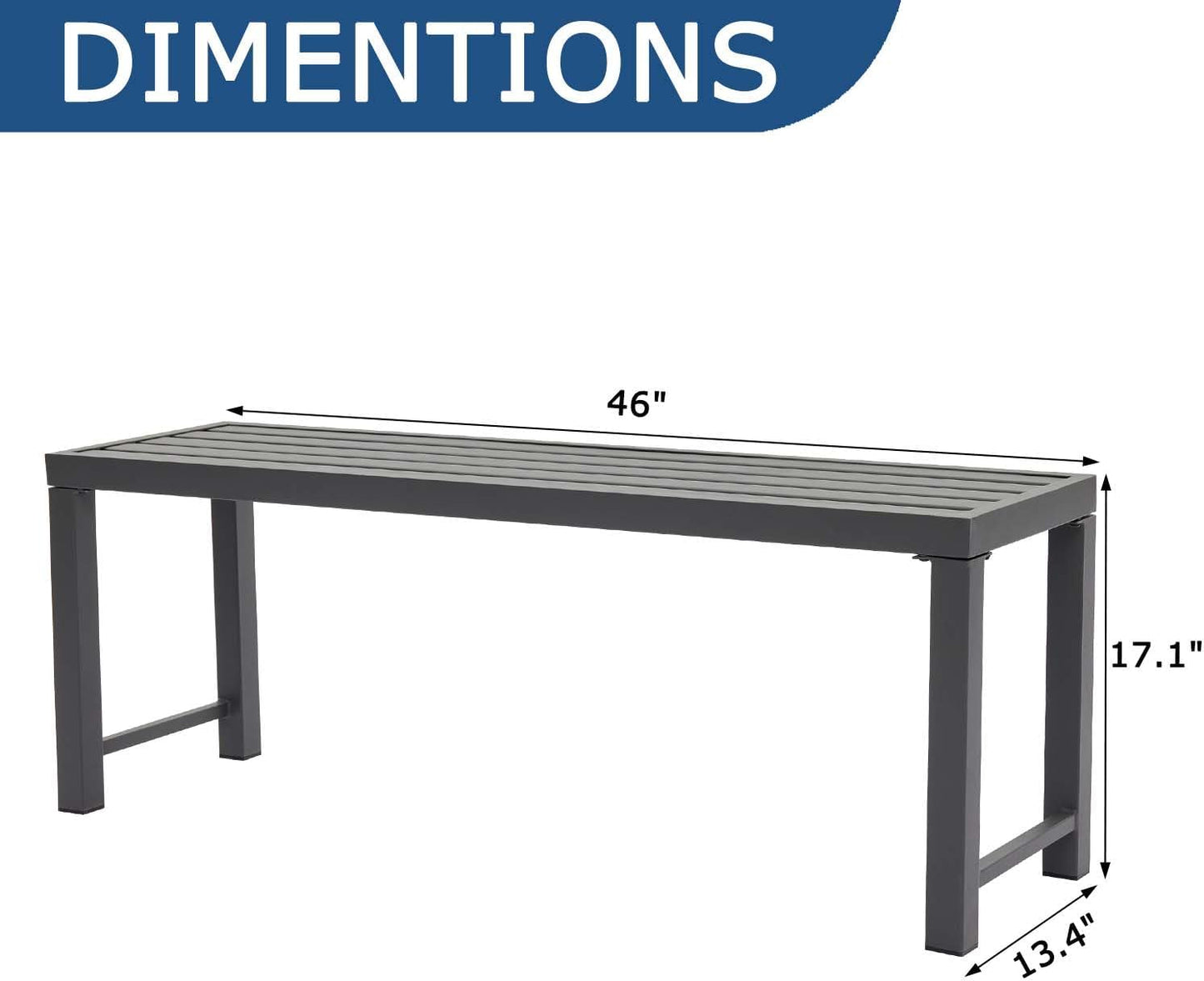 46" Outdoor Metal Backless Bench, All-Weather Patio Garden Bench for Backyard, Porch, or Lawn, Durable Steel Bench for Outdoor Spaces, Grey