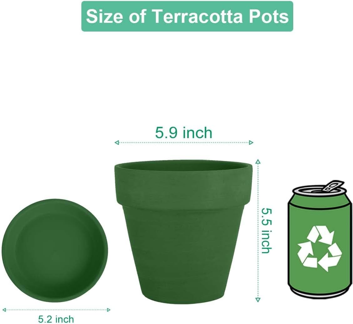vensovo 6 Inch Green Terracotta & Clay Pots for Plant with Saucer - 4 Pack Medium Terra Cotta Planter with Drainage Hole, Flowerpot for Indoor Outdoor Plants, Crafts, Wedding Favor