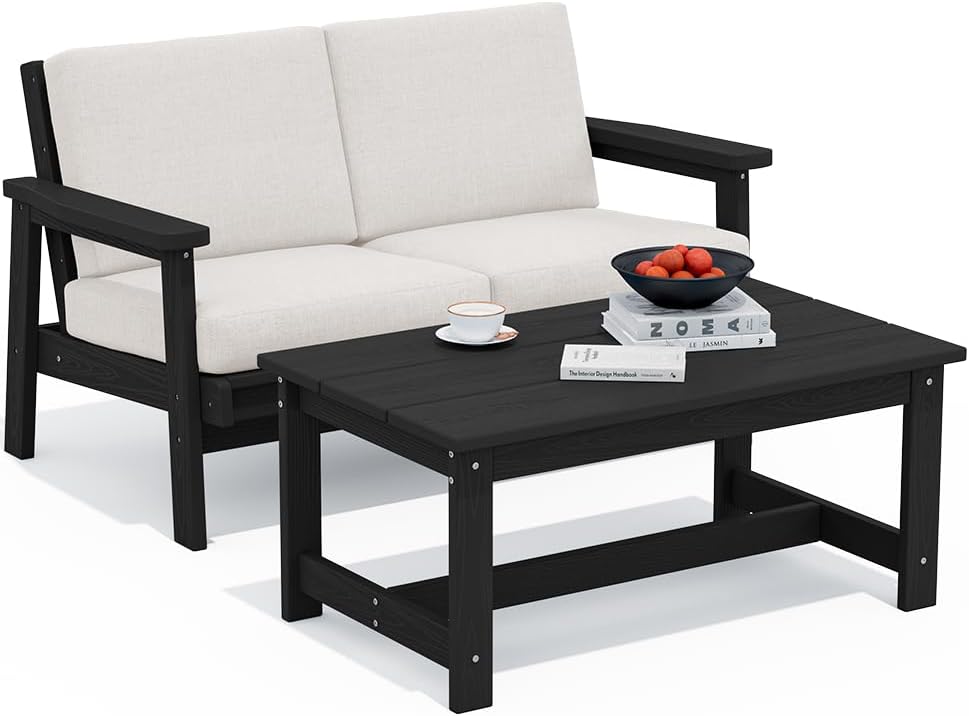 SERWALL Outdoor Loveseat, Black Frame and Khaki Cushion