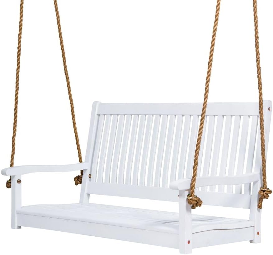 East Green Hayden 5 Foot White Porch Swing with Ropes - Outdoor Bench Swing Crafted from Naturally Weather-Resistant Acacia Wood