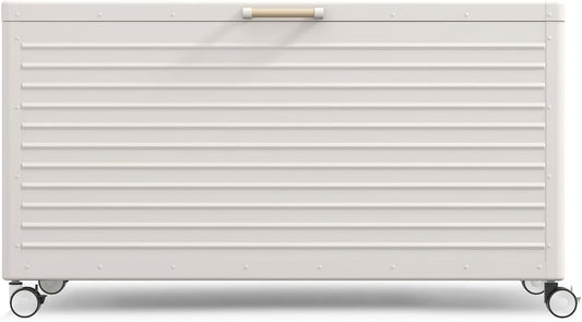 175 Gallon Outdoor Storage Box Waterproof with Wheels, Metal Deck Box for Patio Furniture, Garden Tools, Outdoor Cushion, Latte