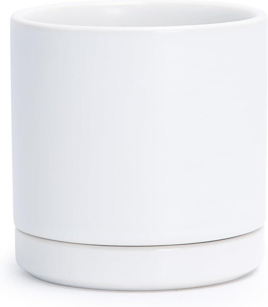 D'vine Dev 3.5 Inch Ceramic Planter Pot with Drainage Hole and Saucer, Indoor Cylinder Round Planter Pot, White, 94-O-A-1