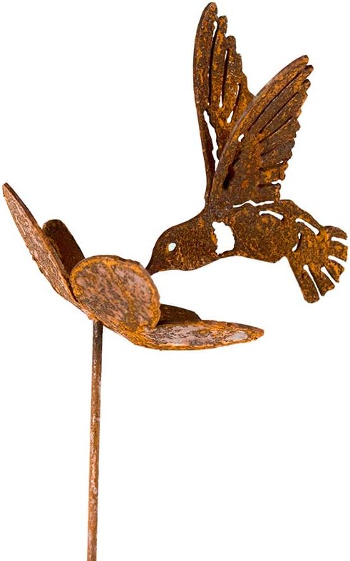 Hummingbird and Flower Garden Stake | Steel Construction with Real Rust Finish | Made in USA