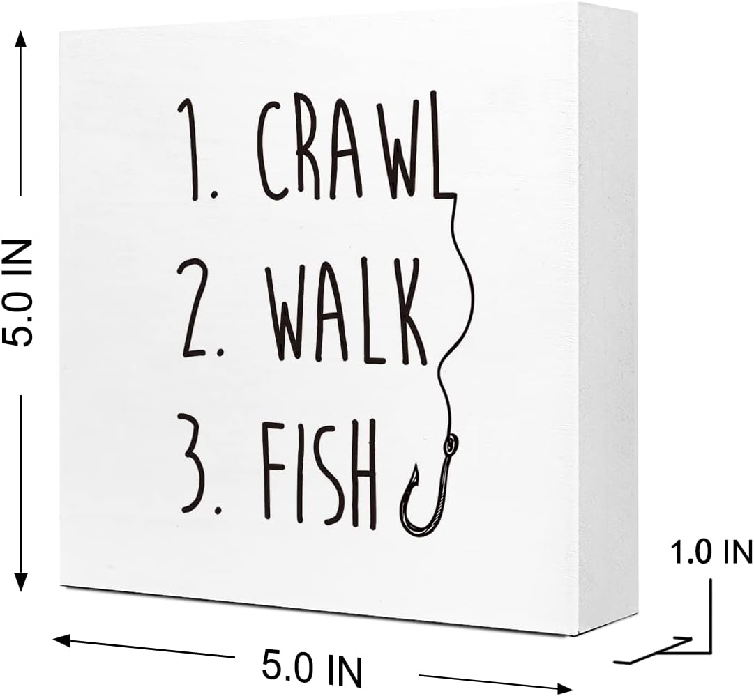 Crawl Walk Fish Rustic Wooden Sign Desk Decor,Funny Baby Fishing Wood Block Sign Desk Decorations for Home Bedroom Baby Room Desk Shelf Table Decor