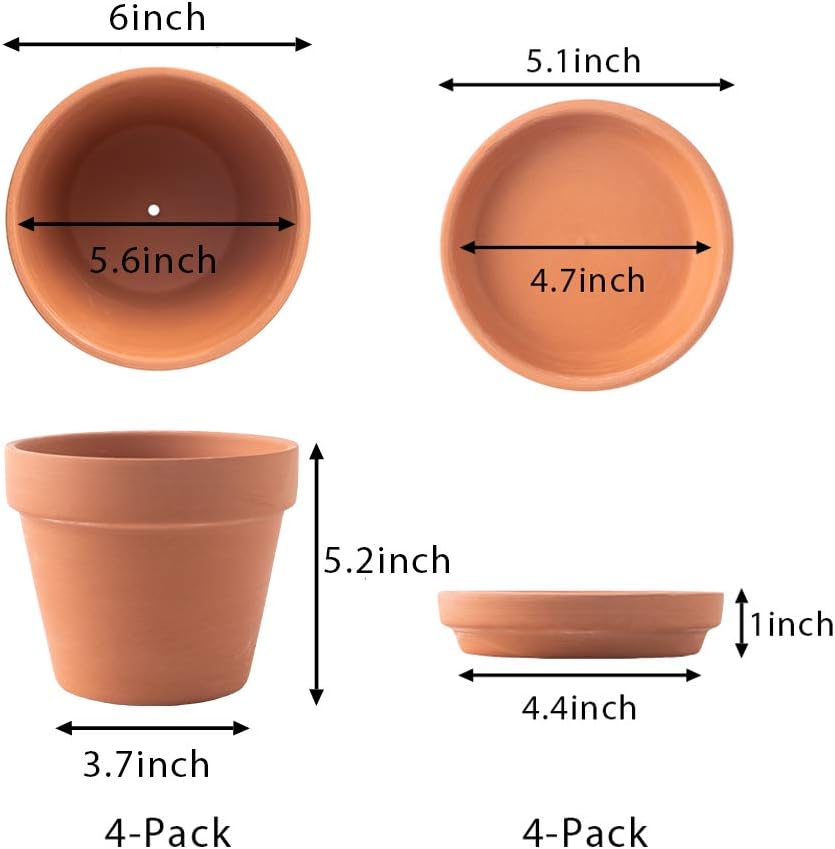 Yishang Large Terra Cotta Pots with Saucer- 4 Pack Large 6'' Terra Cotta Plant Pot with Drainage Hole, Flower Pot with Tray, Terracotta Pot for Indoor Outdoor Plant