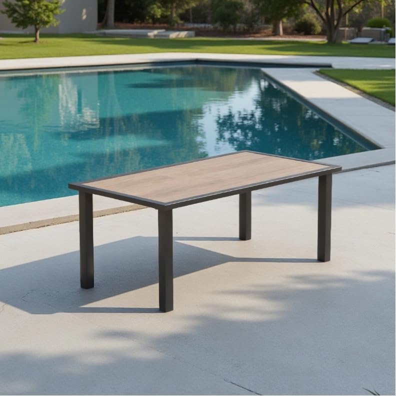 Rectangular Outdoor Coffee Table with Wood Top and Metal Frame, All-Weather Small Patio Tea Table for Garden, Poolside, Deck, Porch, Indoor and Outdoor Use