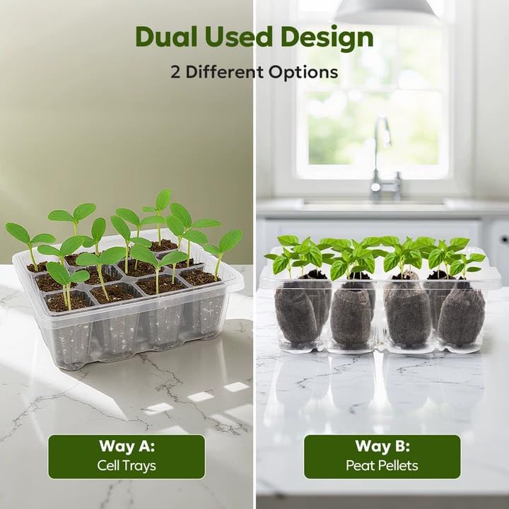 MIXC Seed Starter Kit with Grow Light, Elevated Seedling Tray Kit with Adjustable Humidity Dome and Clear Cell Tray, 12 Full Spectrum Led Beads for Seed Starting Greenhouse, 4 Pack, Transparent