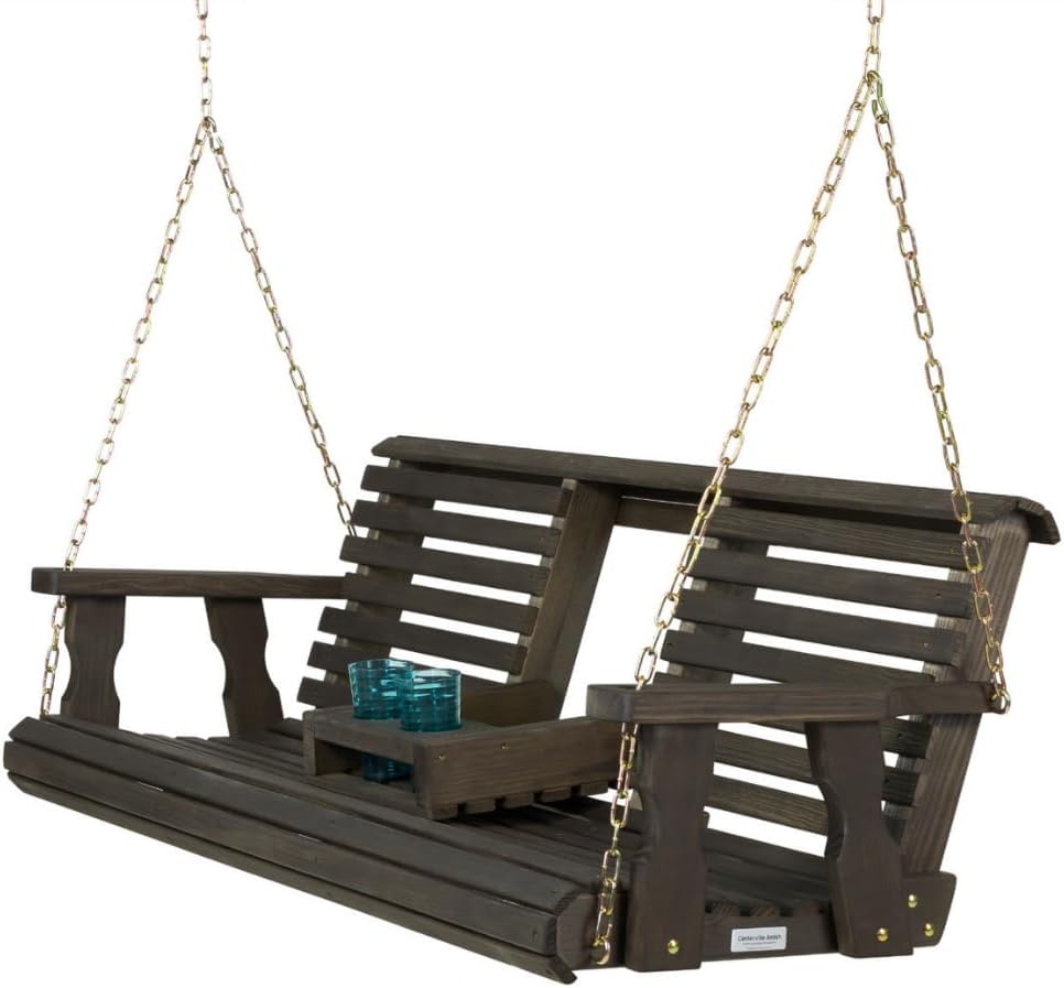 Porchgate Amish Heavy Duty Console Porch Swing with Fold Down Cup Holders in Dark Walnut Stain - Amish Made in The USA from Treated Pine, Hanging Chains Included