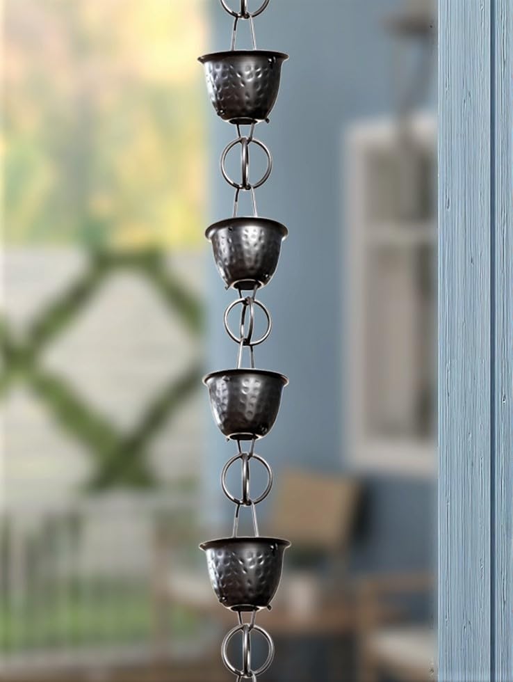 Monarch Rain Chains Pure Aluminum Hammered Cup Rain Chain Extension, 3 ft Black Powder Coated Decorative Rain Catcher Chain for Gutters, Rain Gutter Extension Downspout