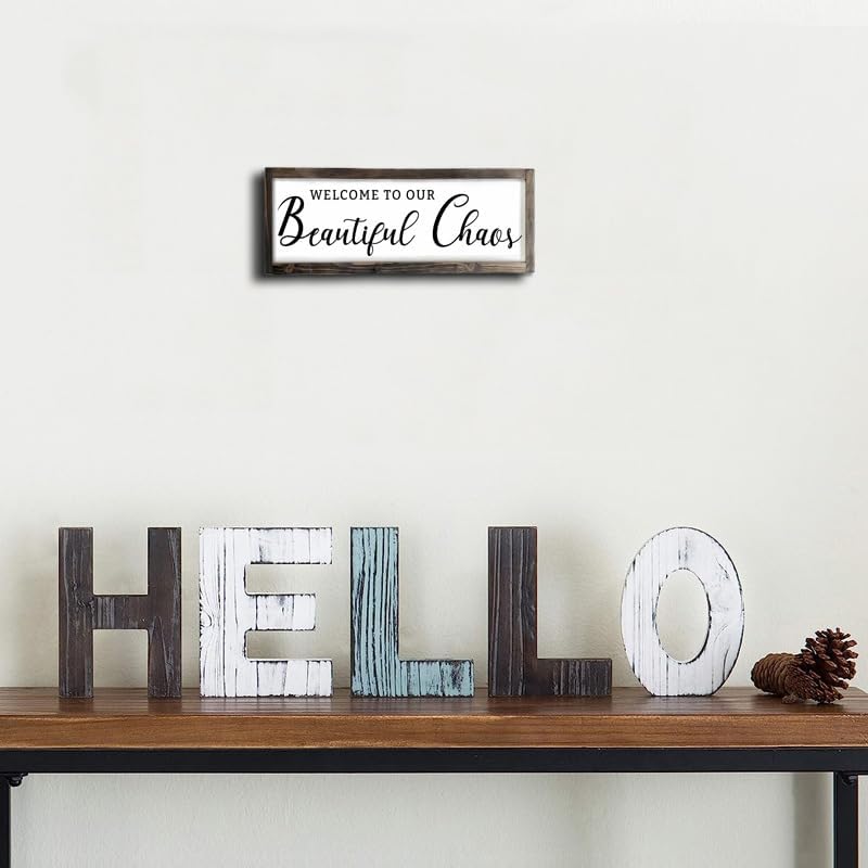 Dazingart Welcome To Our Beautiful Chaos Sign, Farmhouse Wood Sign, Framed Home and Living Room Decor Housewarming Gift Spring Home Decor (Beautiful Chaos)