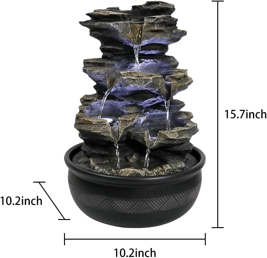 15.7” High Rock Falls Tabletop Water Fountain with LED Lights - Indoor 5-Tier Cascading Fountain for Home and Office Decor (Gray_3, 15.7" high)