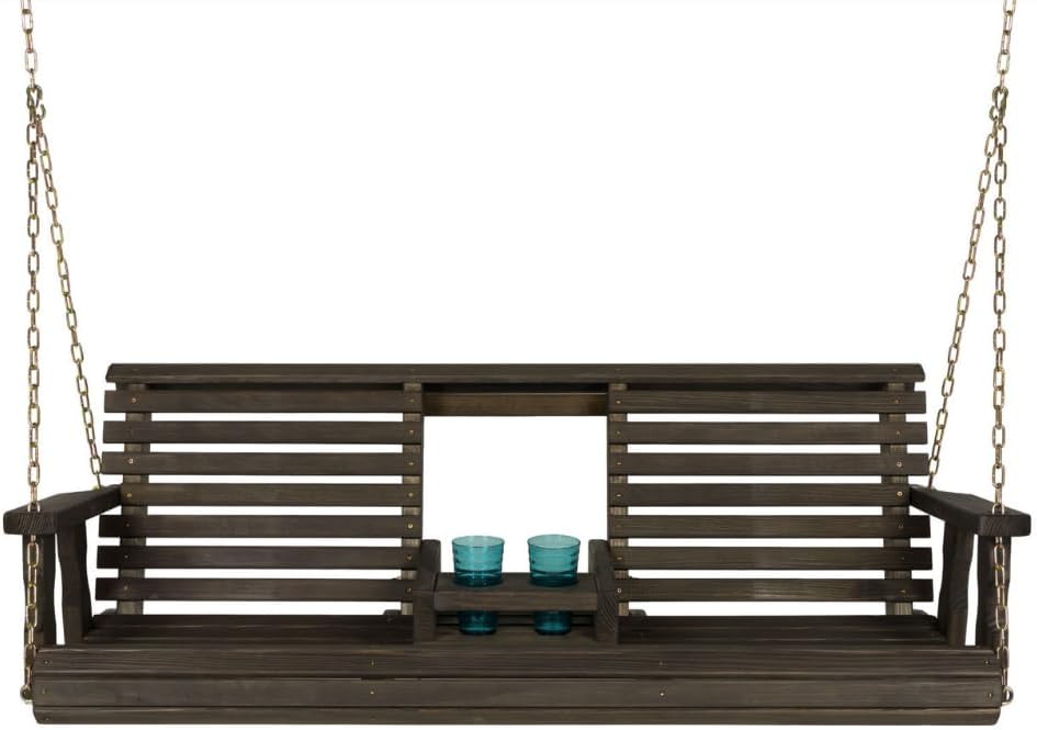 Porchgate Amish Heavy Duty Console Porch Swing with Fold Down Cup Holders in Dark Walnut Stain - Amish Made in The USA from Treated Pine, Hanging Chains Included