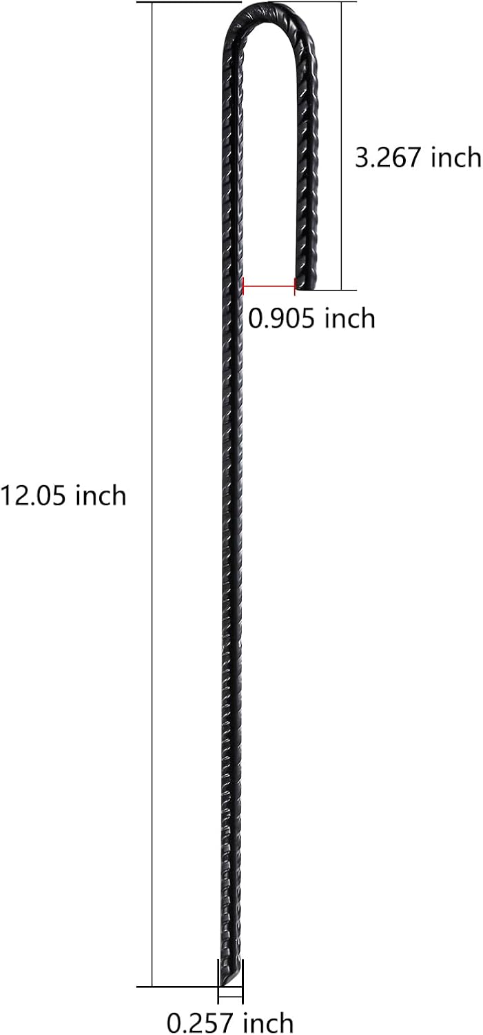 Rebar Stakes U/J Hook Extra Heavy Duty,(10pcs) 12 inch x 1/4 inch Rust Proof Coated Steel Ground Stakes Ground Anchors, Garden Stake Metal Stakes Tent Stakes Trampoline Anchors (J-Hook)
