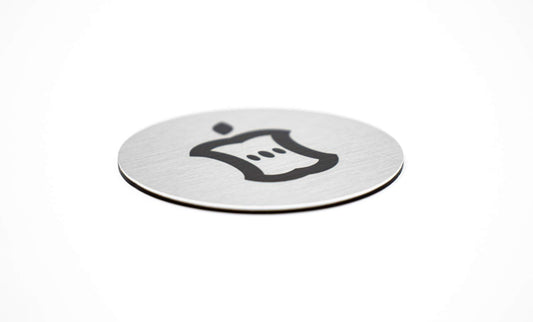 Metal Compost Sign | 2” Round, Compost Bin Label for Waste Basket | Brushed Silver Aluminum with Black Compost Symbol | Environment Signs | Ready to Hang