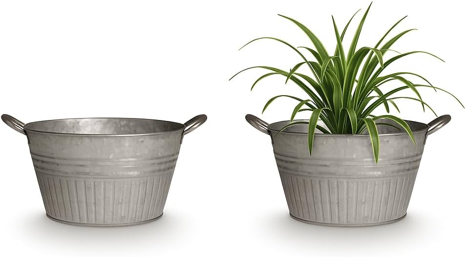 Headwind Round Galvanized Tub Planter with Handles – 16 Inch Lightweight Metal Planter with Drainage Hole – Galvanized Steel Tub for Plants - Metal Flower Pot by Robert Allen