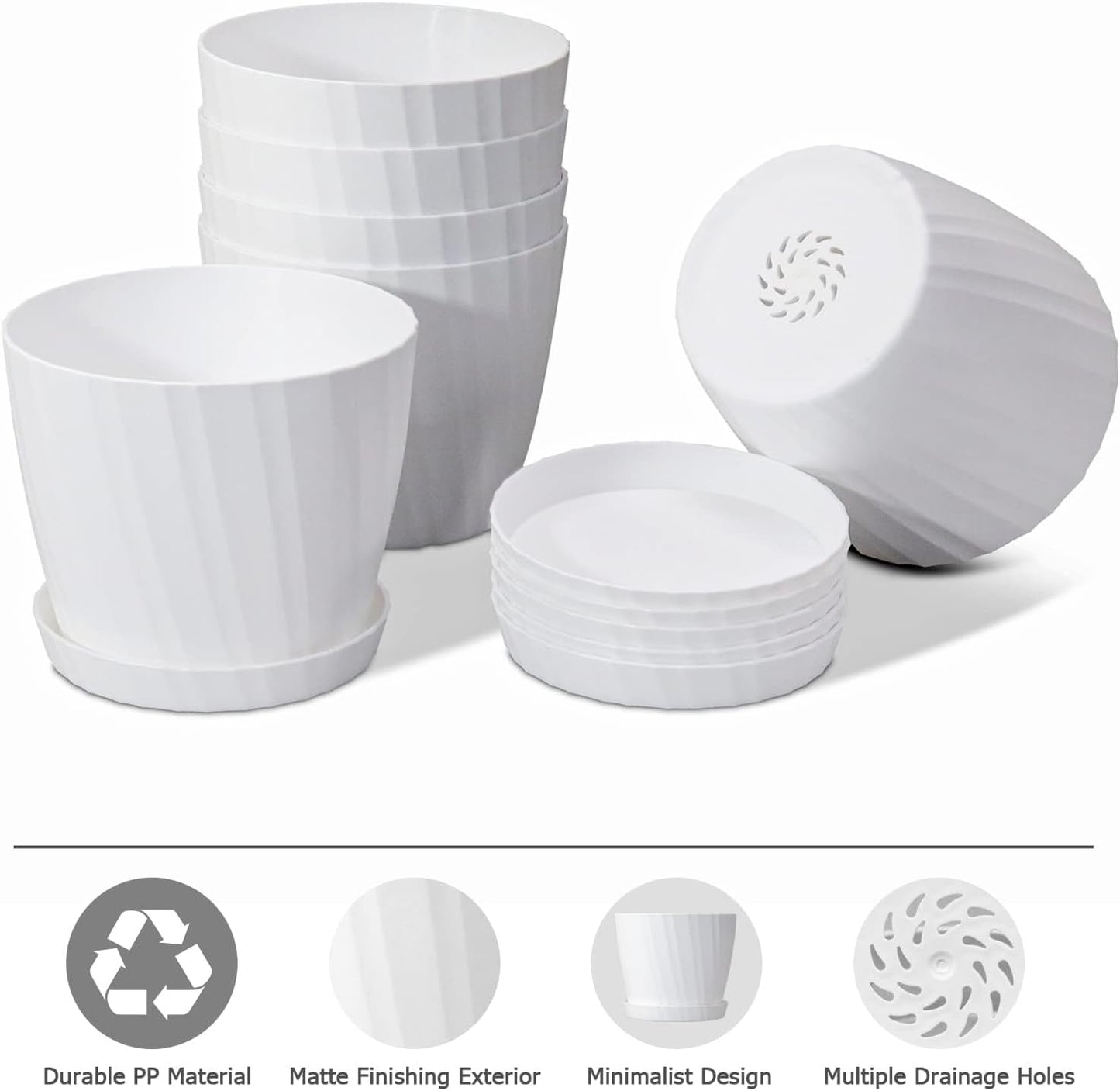 7 Inch Plant Pots Bulk, 6 Pack Plastic Planters with Drainage Holes and Saucers for Indoor Outdoor House Plants and Flowers, White