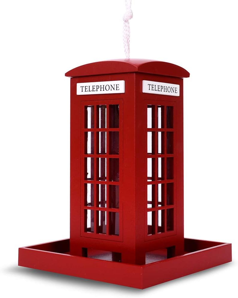 Decorative Wooden Birdhouse for Outdoor Hanging – Handcrafted Miniature Cottage Style with Blue Roof, Front Porch, and Balcony – Garden or Backyard Décor for Wild Birds (British Phonebooth)