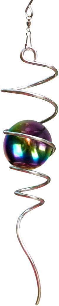 Fonmy Gazing Ball Spiral Tail -Decorative Wind Spinner 11 inch Tail and 2 inch Steel Orb. Indoor Outdoor Garden Decoration Silver Multi Color Ball -13 inch Height