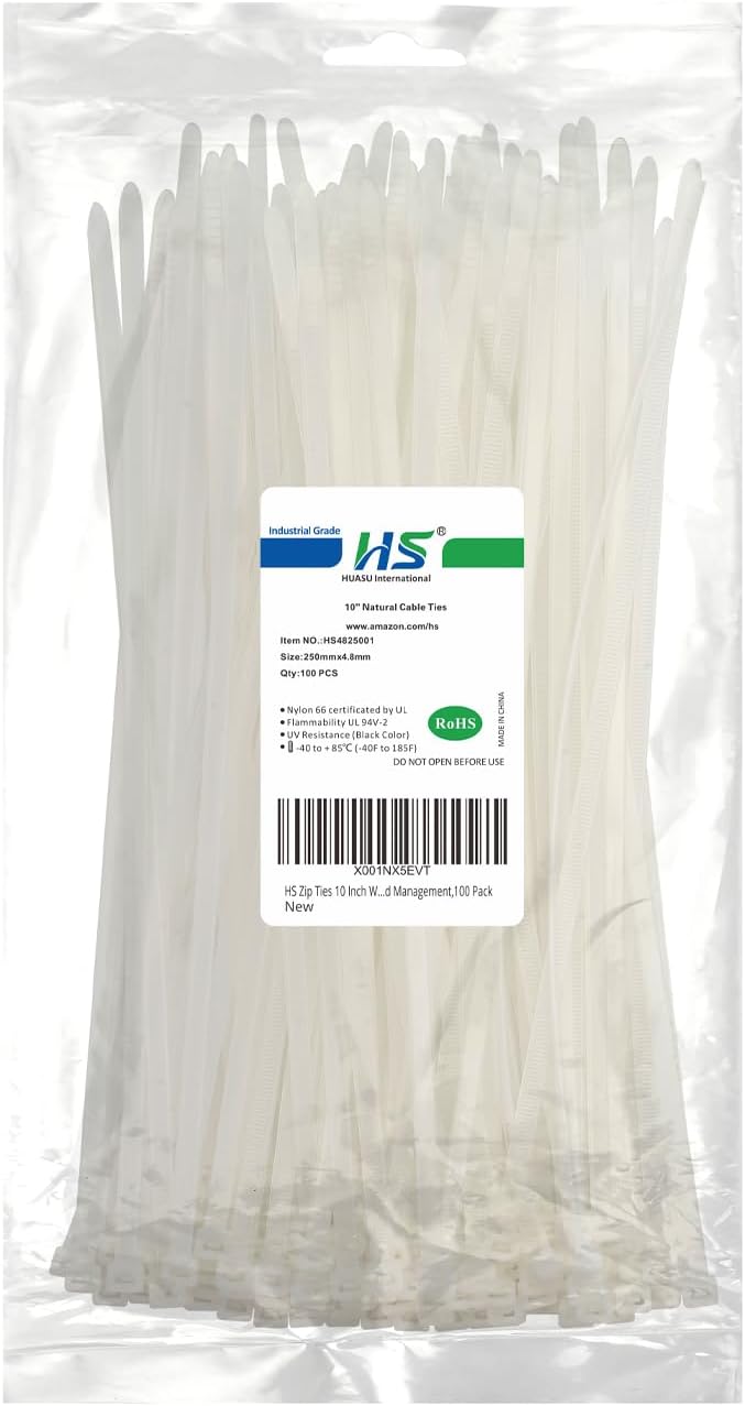 HS Zip Ties 10 Inch White 50 LBS Nylon Medium Clear Cable Ties Straps Strong for Bike/Car/Cord Management,100 Pack