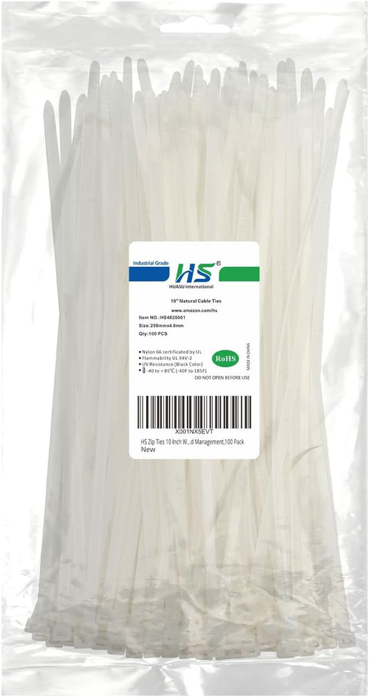 HS Zip Ties 10 Inch White 50 LBS Nylon Medium Clear Cable Ties Straps Strong for Bike/Car/Cord Management,100 Pack