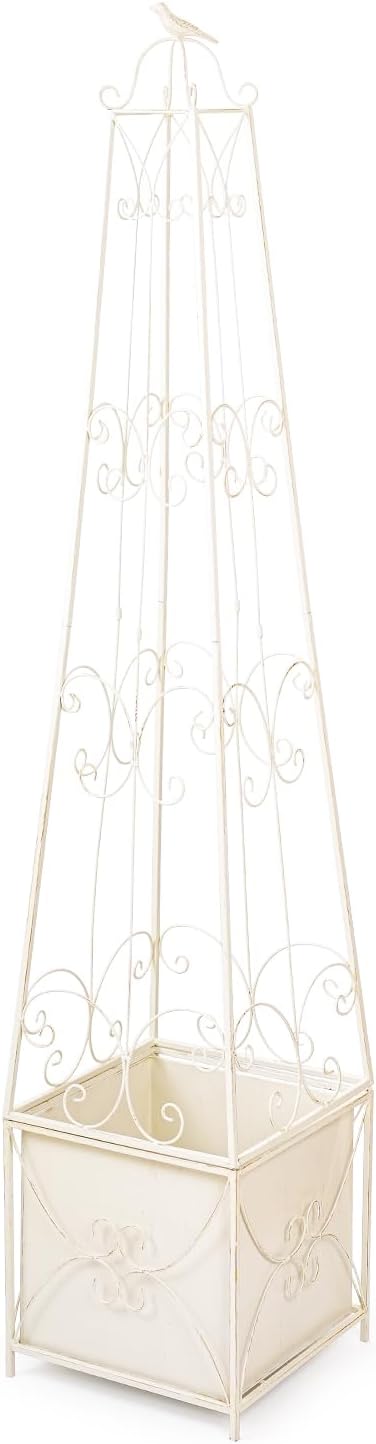 Sungmor 59 Inch Tall Distressed White Garden Obelisk Trellis with Planter Box - Metal Climbing Support for Roses/Clematis/Vines/Ivy, Decorative Outdoor/Indoor Potted Plant Stand Growing Box