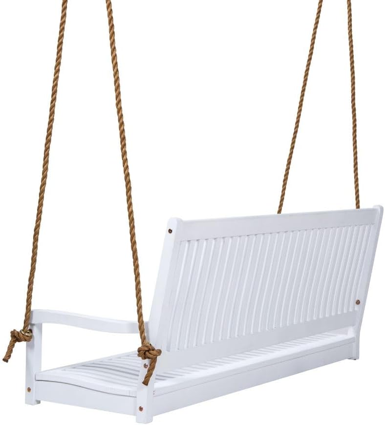 East Green Hayden 5 Foot White Porch Swing with Ropes - Outdoor Bench Swing Crafted from Naturally Weather-Resistant Acacia Wood
