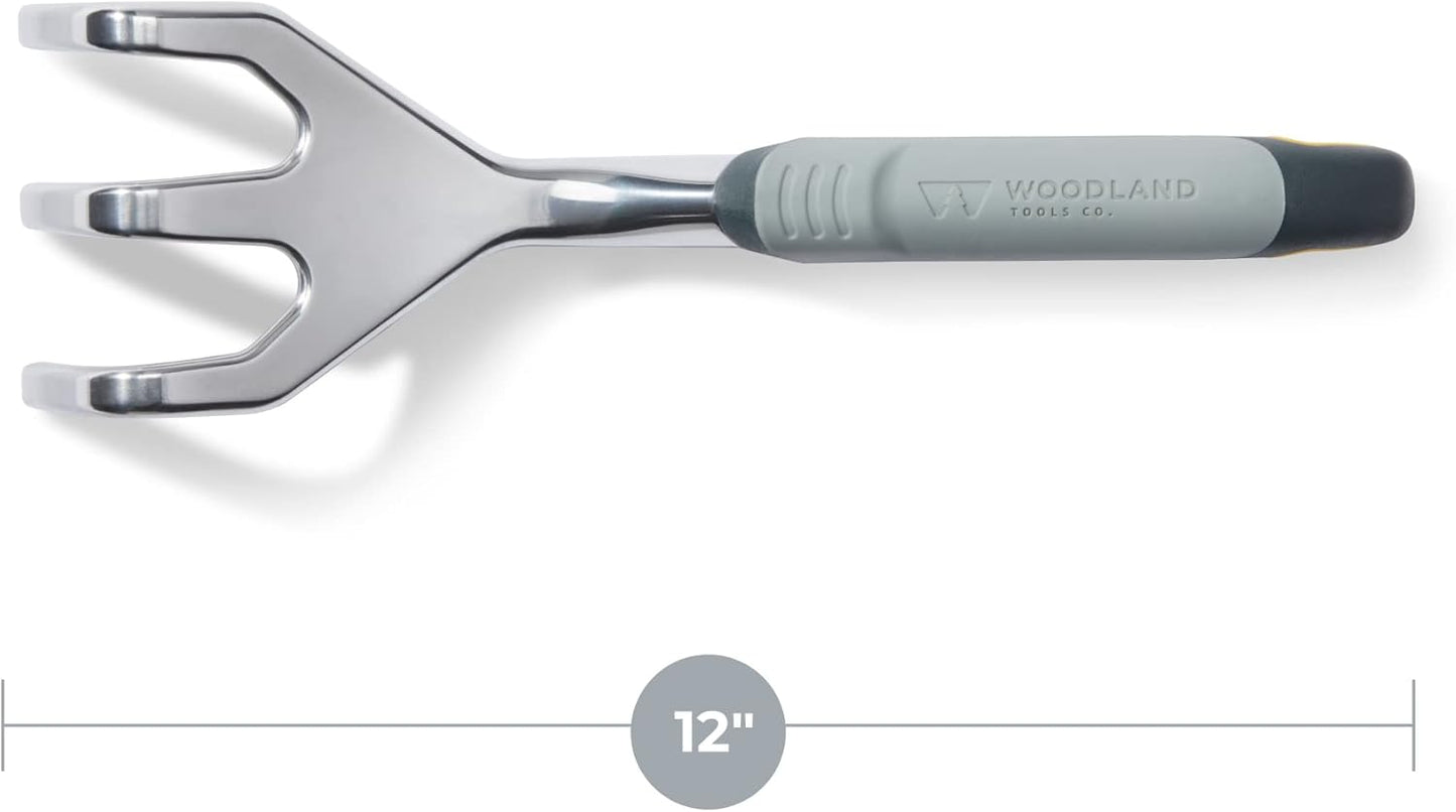 Woodland Tools Heavy Duty Hand Cultivator, 3-Prong Garden Claw Tiller Tool with Anodized Aluminum Head and Soft Ergonomic Grip, Manual Soil Cultivator for Weeding, Digging, and Breaking Up Dirt