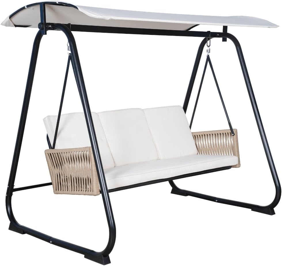 East Green Parker Patio Swing with Canopy - Covered 3 Person Free Standing Porch Swing with Cushions for Backyards, Gardens, and Lawns
