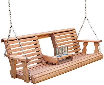 Porchgate Amish Heavy Duty Console Porch Swing with Fold Down Cup Holders in Cedar Stain - Amish Made in The USA from Treated Pine, Hanging Chains Included