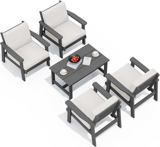 SERWALL Outdoor Patio Furniture Set, 5 Piece HDPE Patio Conversation Sets, All-Weather Wood-Like Outdoor Couch Loveseat and Coffee Table with Thick Cushions for Porch Balcony Garden Backyard