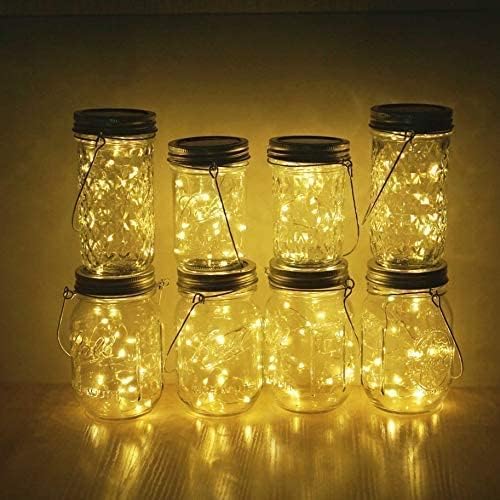 Solar Mason Jar Lid Lights, 8 Pack 20 LED Waterproof Fairy Star Firefly String Lights with (8 Hangers Included,Jars Not Included), for Mason Jar Table Garden Wedding Party Decor (Warm White)