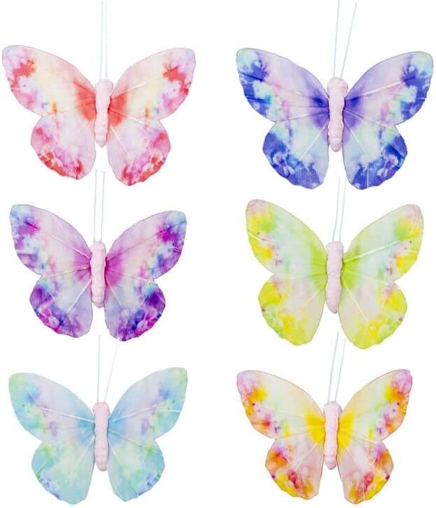 Berfutall- Spring Feather Butterfly Decorations Set 6 Color of 12pcs Vibrant Multi Colored Craft Butterflies on Clip .Party Home Decor Floral Pics