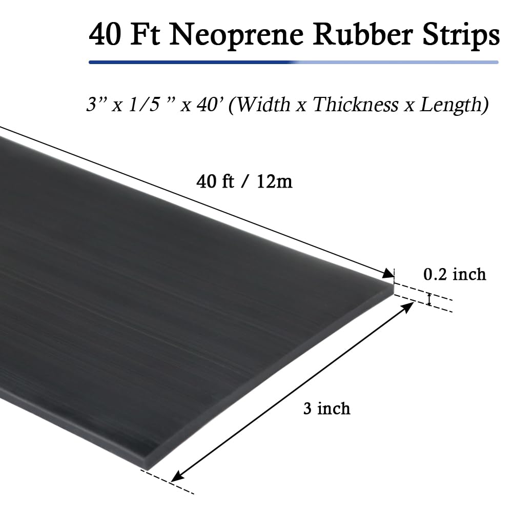 Neoprene Rubber Strips Self Adhesive Solid Rubber Sheets, Rolls & Strips for DIY Gaskets Crafts Pads Seals Warehouse Flooring Neoprene Sheet with Adhesive Backing (3" Wide x 1/5" Thick x 40' Long)