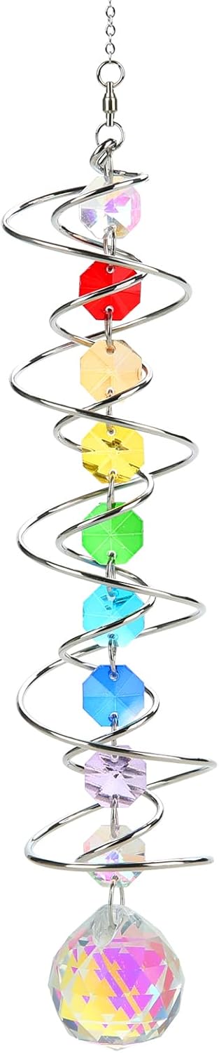 Suncatcher Wind Spinner Gazing Ball Spiral Tail, Crystal Sun Catchers with Seven Chakra Beads Window Hanging for Indoor Home Outdoor Garden Decor Wedding Birthday Party Gifts for Girl Women Mom