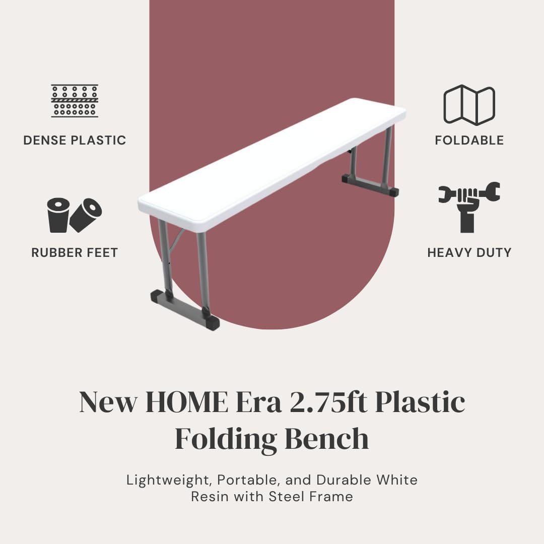 2.75ft Plastic Folding Bench – Lightweight and Portable White Resin with Durable Steel Frame, 33”x8”x16” - (Pack of 2, White, 2.75 Feet)