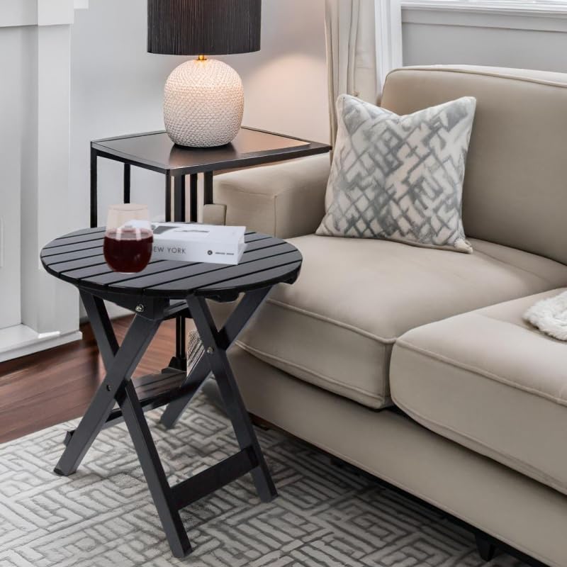 Outdoor Patio Side Table Round Small Wood End Table Folding Coffee Furniture for Living Room, Bedroom, Plant Stand, Camping Portable Black