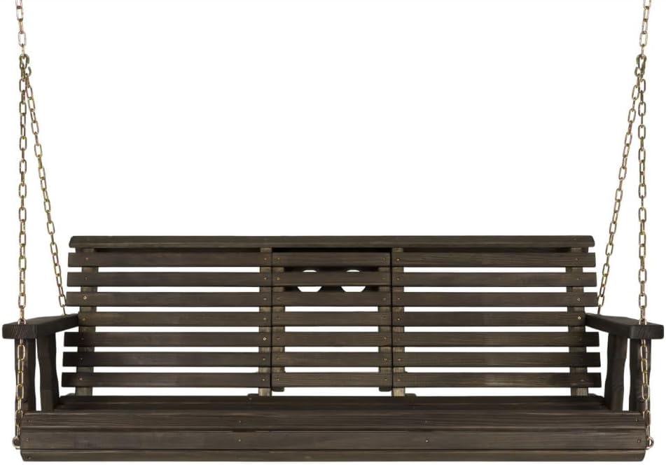 Porchgate Amish Heavy Duty Console Porch Swing with Fold Down Cup Holders in Dark Walnut Stain - Amish Made in The USA from Treated Pine, Hanging Chains Included