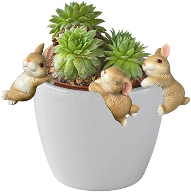 Ebrima Set of 3 Cute Animal Figurines Planter Pot Hanger Decorations, Resin Hanging Climbing Rabbit Sculpture Outdoor Statues Ornaments for Flower Pot Garden Decor (3 Rabbits)