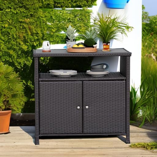 Grand patio Wicker Storage Cabinet Outdoor Waterproof Buffet Cabinet Patio Bar Table with Two Doors and Shelves Wicker Sideboard for Garden Kitchen Pool Dark Brown