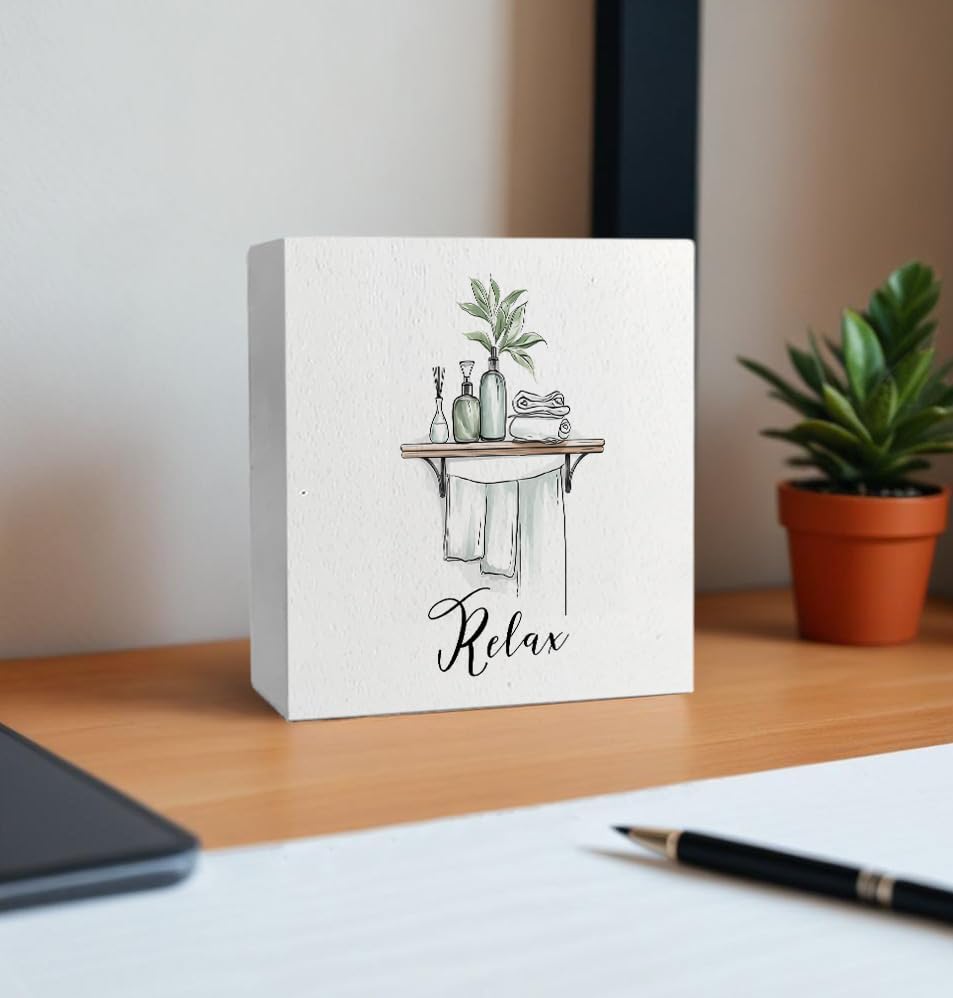 Relax Funny Bathroom Wooden Box Sign, Eucalyptus Botanical Wood Signs for Restroom Bathroom Toilet Half Bath Shelf Counter Decor, 5x5 Inch