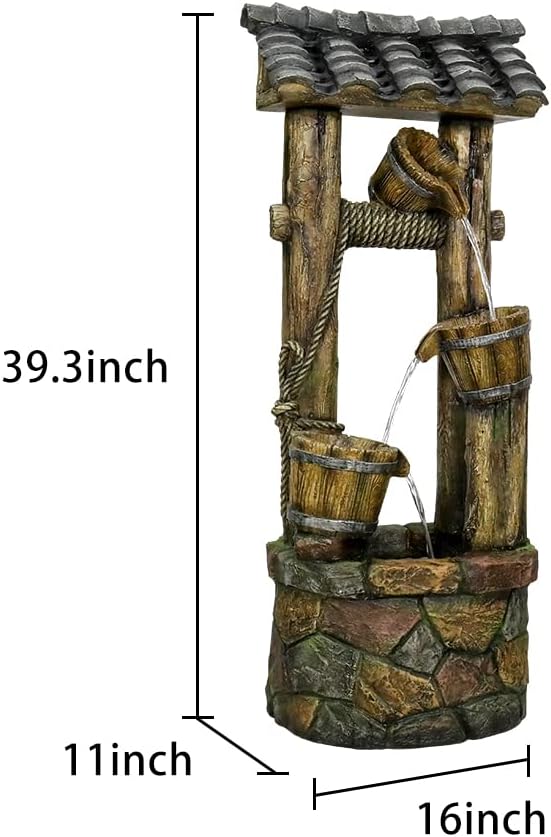 Wishing Well Water Fountain, 39.3inches Rustic Outdoor Water Fountains - Outdoor Cascading Waterfall with Buckets, Pump & Lights for Backyard Patio Decor