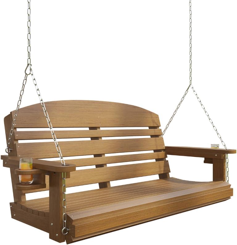 Classic Recycled Plastic Porch Swing in Mahogany Finish - Composite Poly Swing with Included Hanging Chains