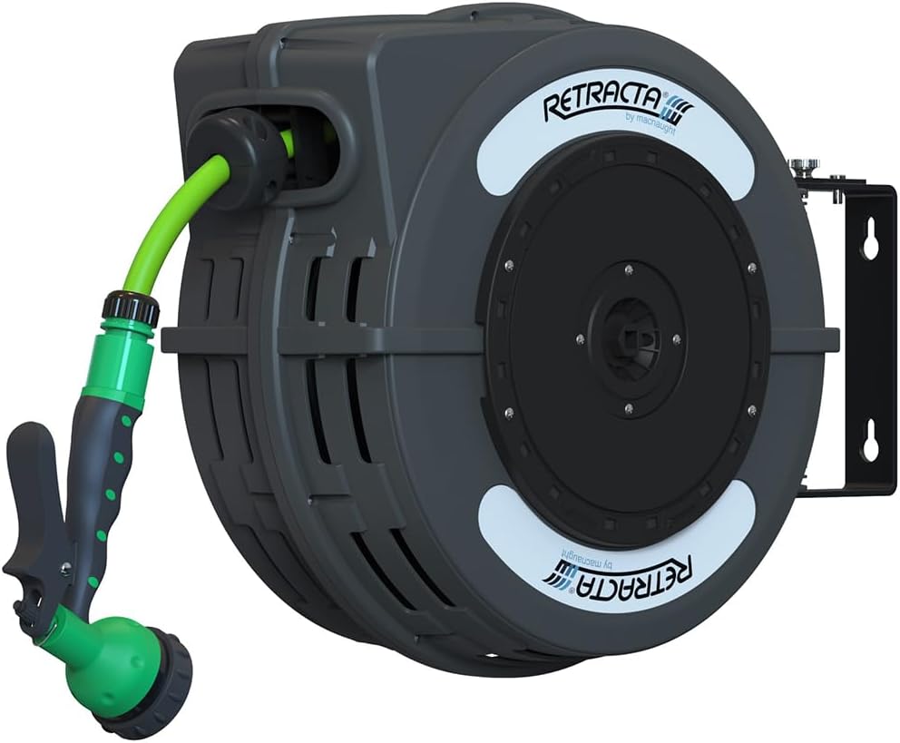 Macnaught C1 Series Retractable Garden Hose Reel, 40 Ft Water Hose Reel Heavy Duty Retractable Hose with Metal 180° Swivel Rotation Bracket for Wall Mount - Gray