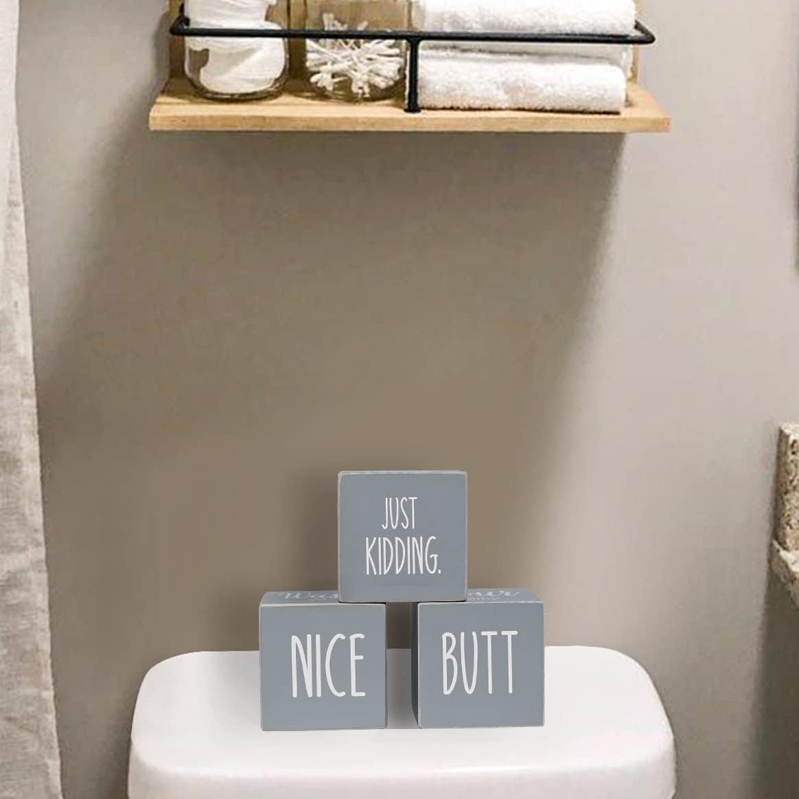 4-Sides Farmhouse Bathroom Decor for Shelves Counter, Funny Rustic Cute Wooden Restroom Guest Sign, Nice Butt&Get Naked&Hello Sweet Cheeks&Wash Your Hands, Grey 2.8"