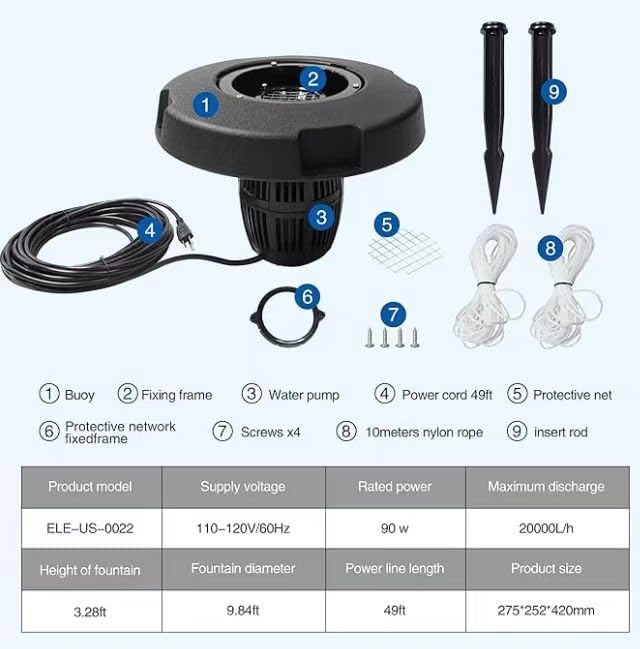 RGB LED Pond Fountain Aerator,with Color-Changing Light Show, 10000 GPH Floating Aerating Pump, 35ft Power Cord, Time Control, Perfect for Ponds & Lakes (RGB)