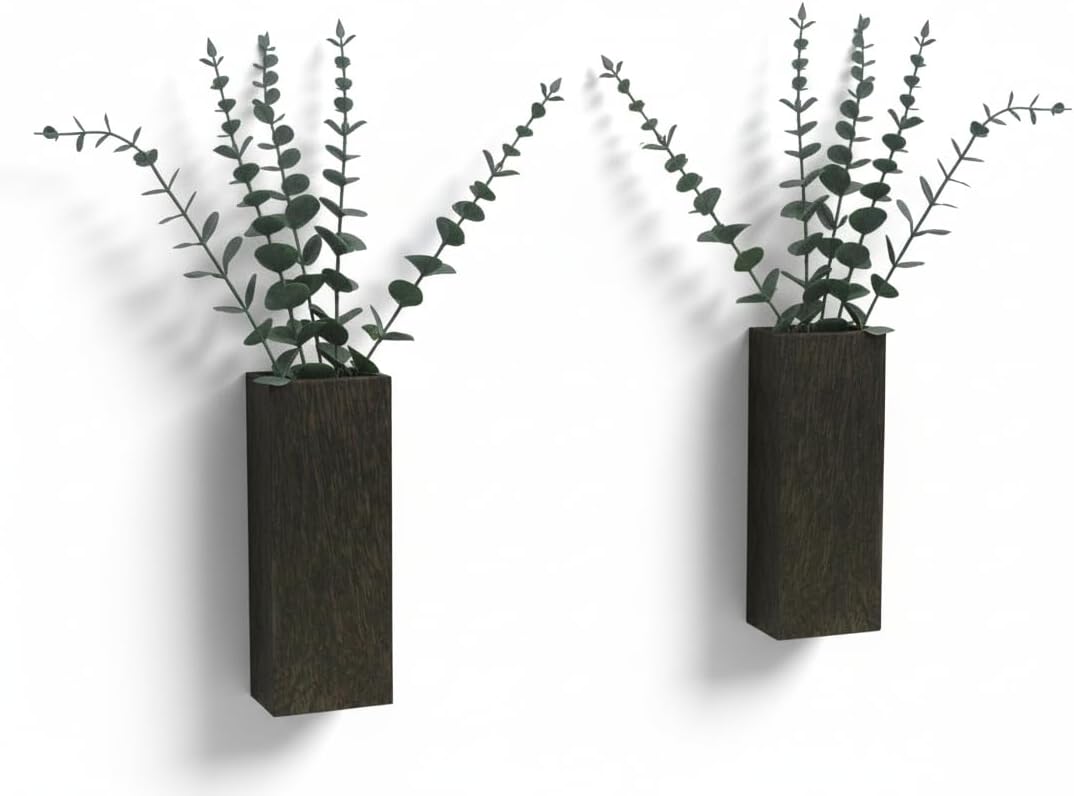 2 Pieces Wooden Wall Hanging Plant Pots Vase Contains Artificial Green Plants for Indoor Fake Plants Greenery Flowers, Modern Planters for Bathroom, Living Room, Kitchen Decor, (Brown)